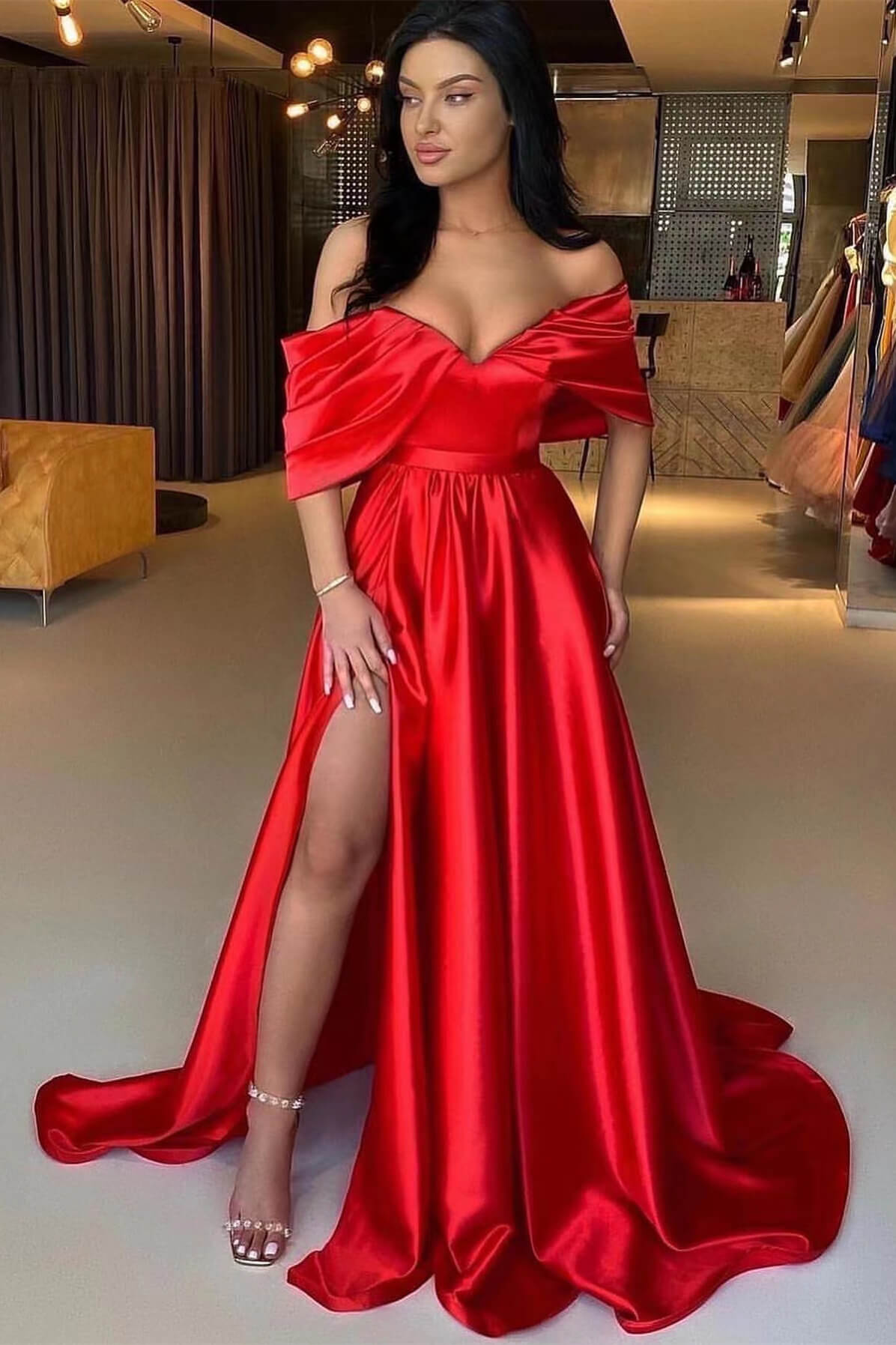 Red Off The Shoulder Prom Dress A Line Split ED0138