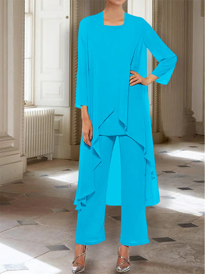 Chiffon Round Neck 3/4 Length Sleeves Ankle-Length Mother of the Bride Pantsuits with Jacket