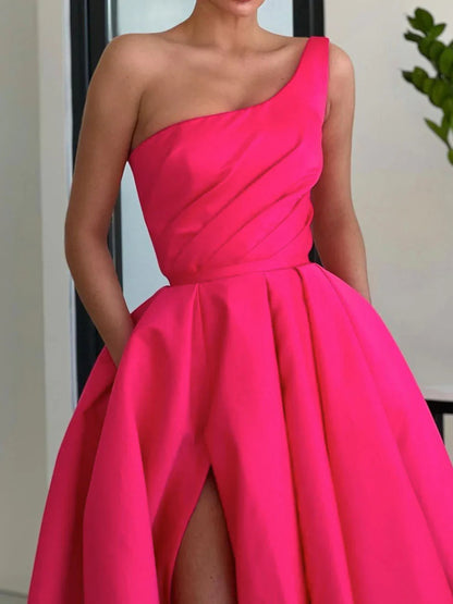 Simple One Shoulder Pink Long Prom Dress High Slit A Line Pleated Formal Dress YH0080