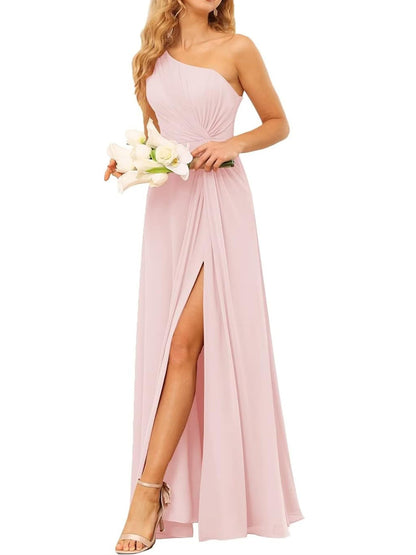 A-Line/Princess One-Shoulder Sleeveless Floor-Length Bridesmaid Dress with Pockets