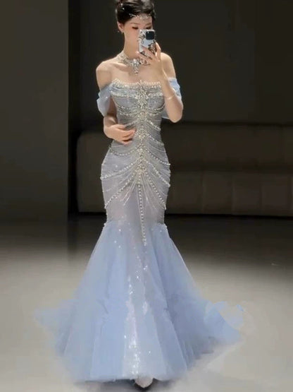 Elegant Mermaid Off The Shoulder Blue Tulle Prom Dresses C1262