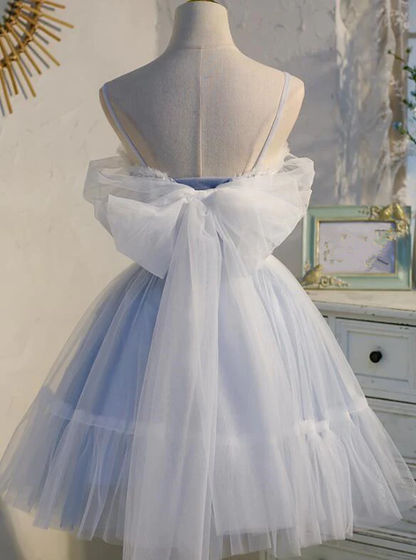 Adorable Light Blue Tulle Sweetheart Straps Party Dress With Lace, Short Tulle Prom Dresses gh53