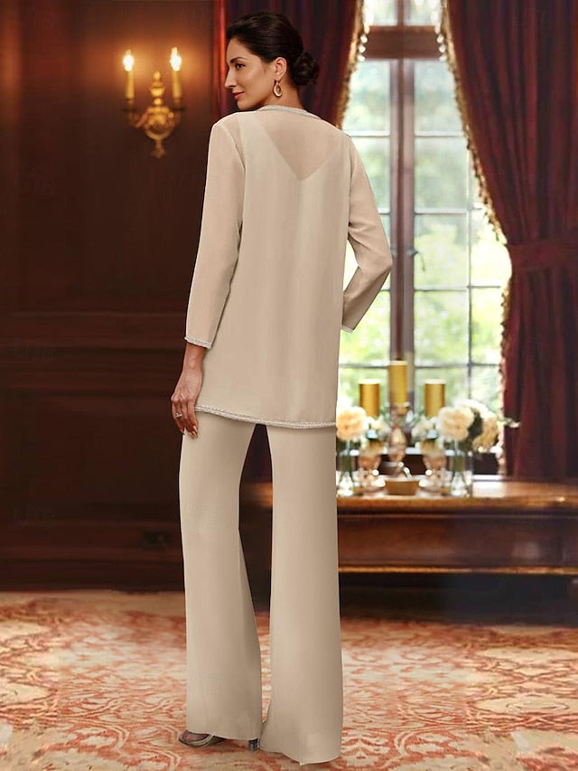 Chiffon V-Neck Floor-Length 3 Pieces Plus Size Mother of the Bride Pantsuits with Jacket & Sequins