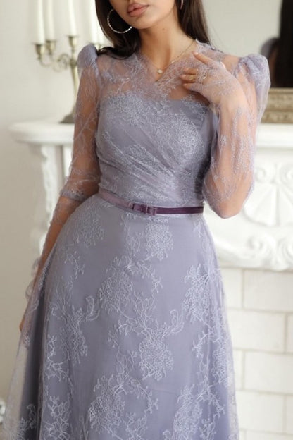 Lilac Lace Mermaid Long Sleeves Prom Dress SO0003