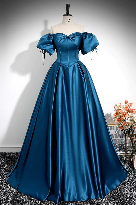 Royal Blue A-Line Prom Dress Off The Shoulder Pleated Dress YH0034