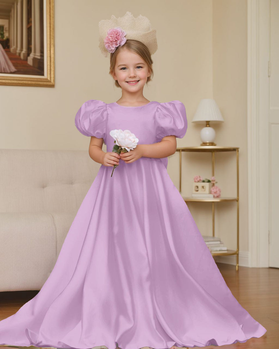 Puff Sleeve Bow Button Back Sweep Train Flower Girl Dress