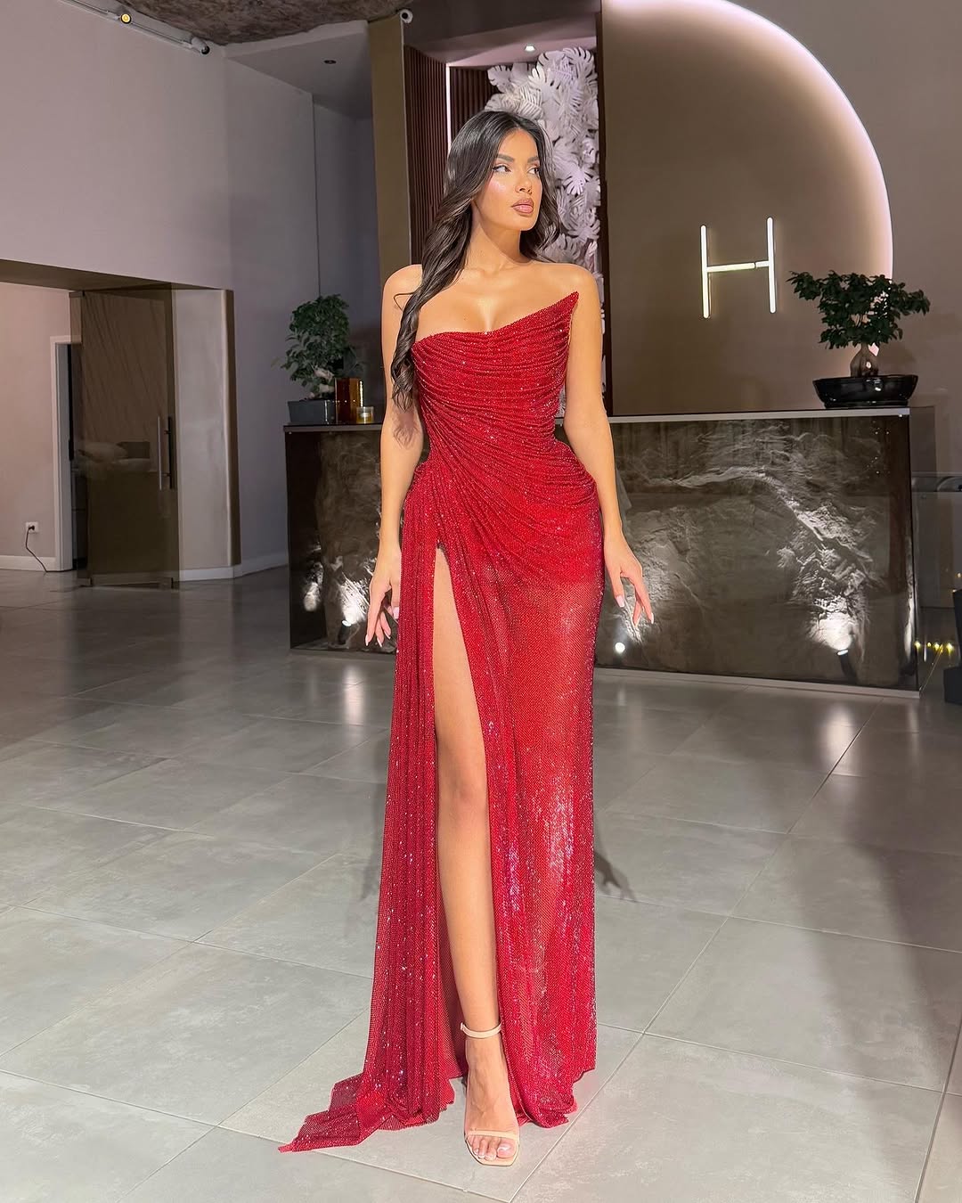 Red Strapless Gorgeous Split Sequins Prom Dress ZT0526