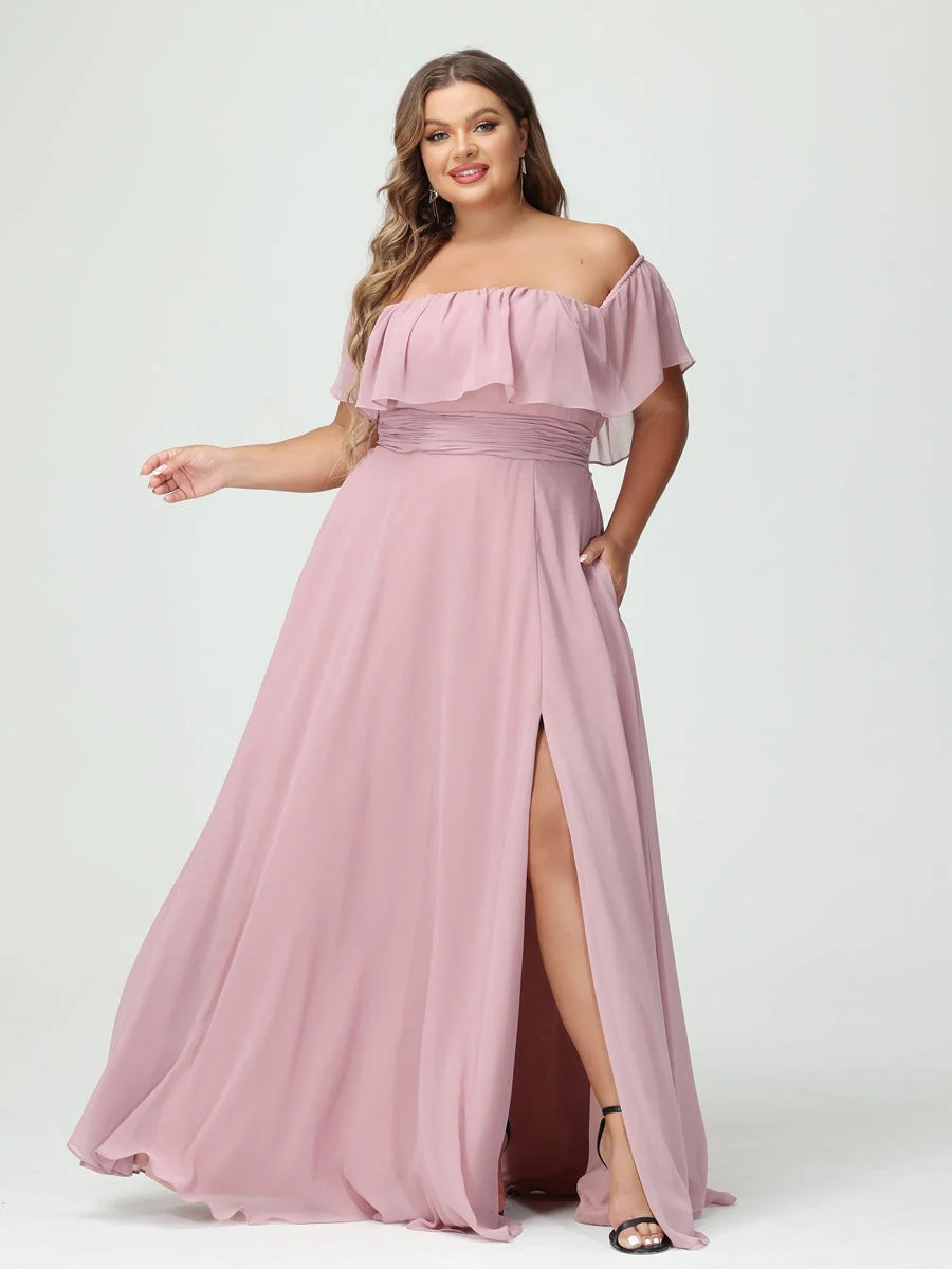 A-Line/Princess Off-the-Shoulder Short Sleeves Chiffon Plus Size Bridesmaid Dresses with Pockets & Split Side