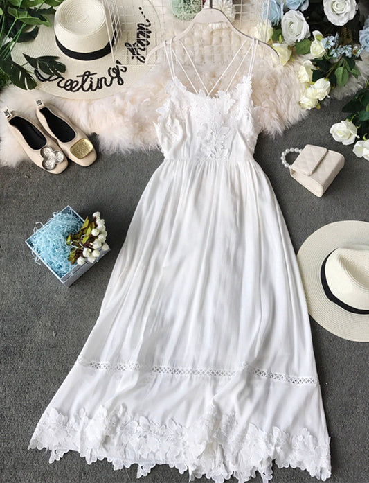 White lace applique backless dress fashion girl dress  1166