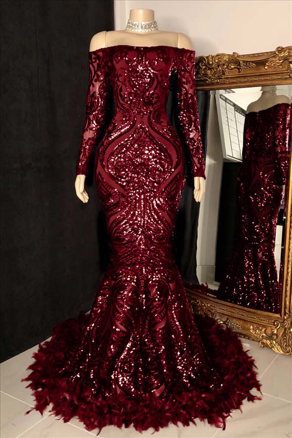 edgynewlook Long Sleeves Mermaid Prom Dress Sequins Burgundy With Feather