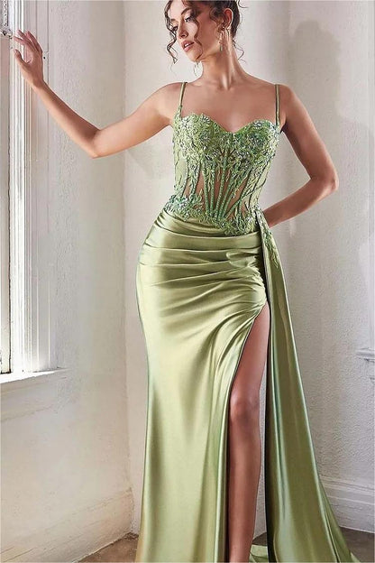 edgynewlook Charming Sweetheart Sleeveless Spaghetti Strap Pleated Long Prom Dress with Split