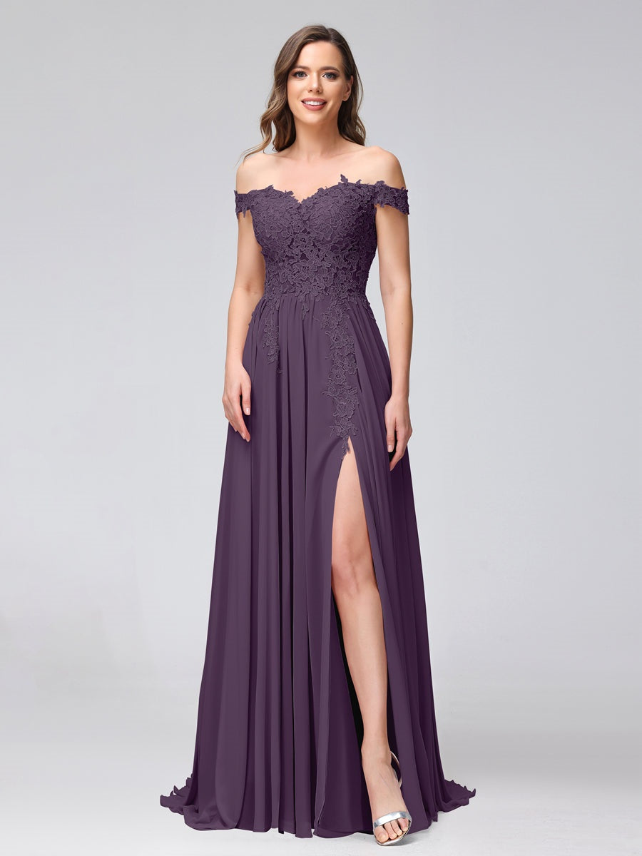 A-Line/Princess Off-the-Shoulder Sleeveless Long Bridesmaid Dresses with Side Slit & Appliqued