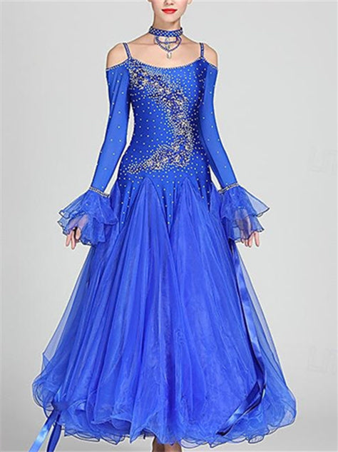 Women's Dancewear Ballroom Dance Dress Rhinestone Tulle Women's Performance Long Sleeve Polyester