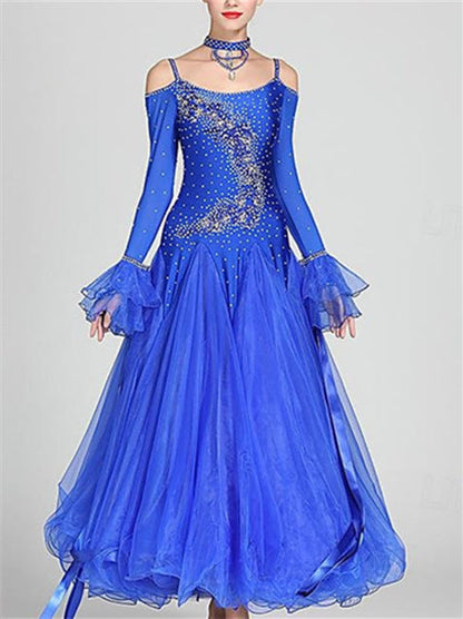 Women's Dancewear Ballroom Dance Dress Rhinestone Tulle Women's Performance Long Sleeve Polyester