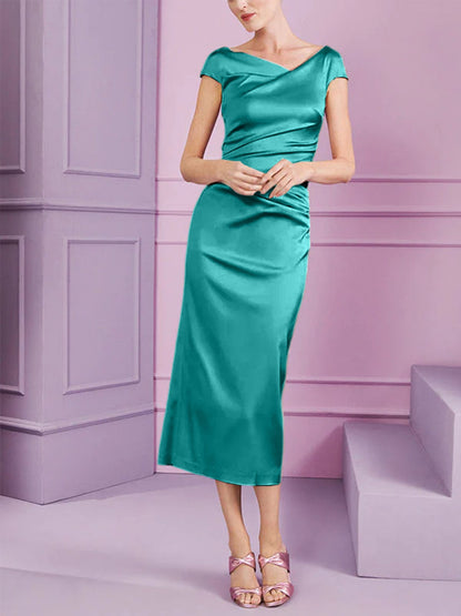 Sheath/Column Cowl Neck Short Sleeves Tea-Length Mother of the Bride Dresses with Ruffles