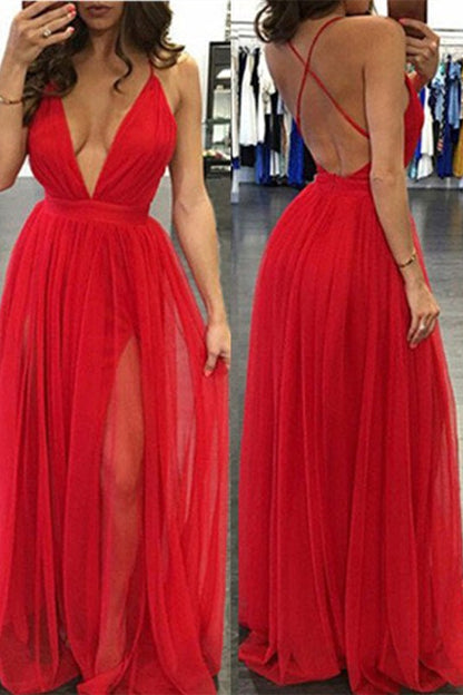 Red Deep V-Neck Long Prom Dress With Slit PD0251