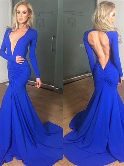 Royal Blue V-Neck Long Sleeves Mermaid Prom Dress PD0610