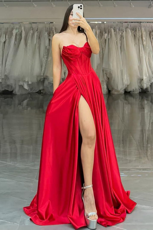 edgynewlook Simple Red Satin Sleeveless Strapless Sweetheart Pleated Prom Dress with Split