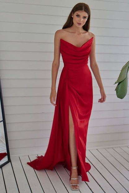 Fashion Strapless Red Prom Dress Pleated Split Mermaid Dress HT0023