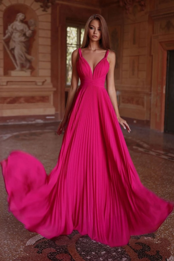 Fuchsia Long Pleated V-Neck Prom Dress ZT0468