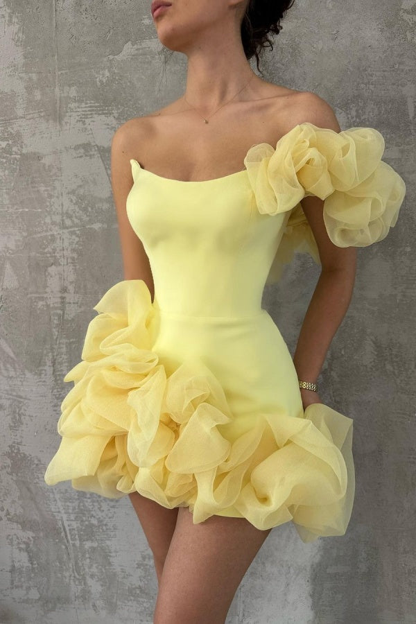 Light Yellow One-Shoulder Short Prom Dress ZT0256