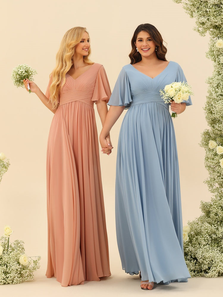 A-Line/Princess V-Neck Half Sleeves Chiffon Bridesmaid Dresses With Pockets & Split Side