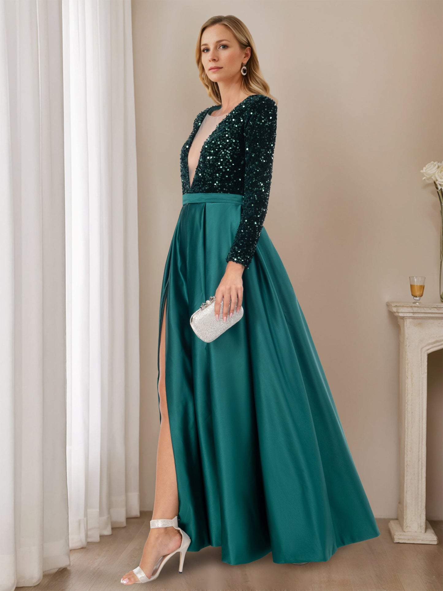 A-Line/Princess V-Neck Long Sleeves Floor-Length Evening Dresses with High Split