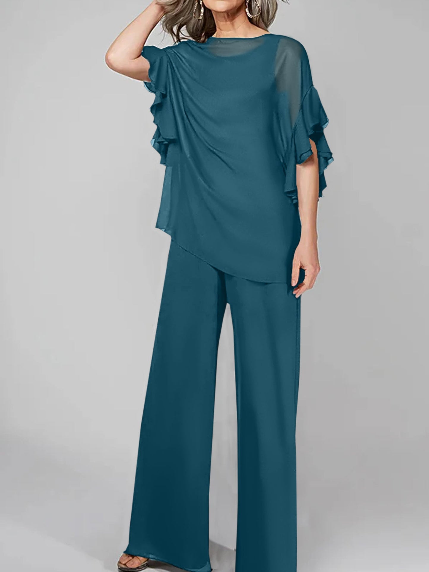 Jumpsuits Scoop Half Sleeves Chiffon Mother Of The Bride Pantsuits