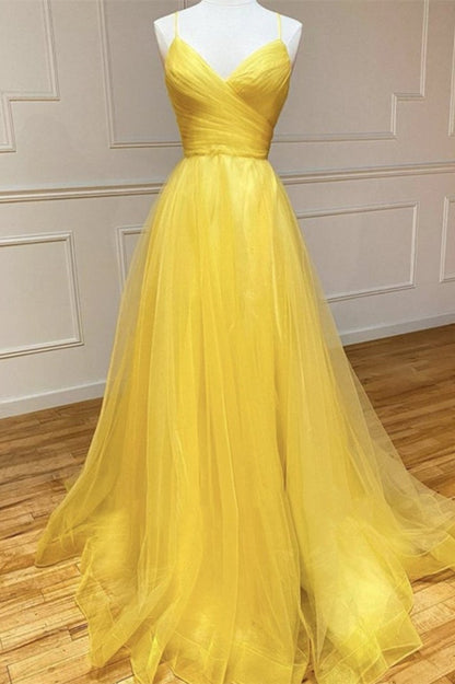 Yellow Spaghetti-Straps Prom Dress String Back PD0377