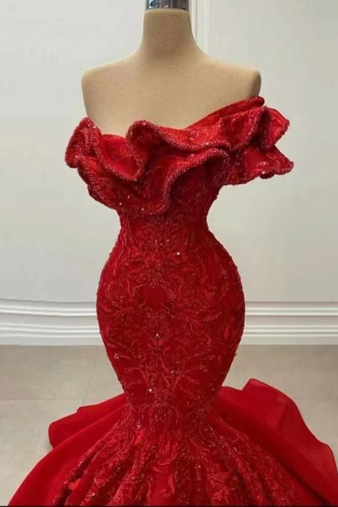 Red Elegant Strapless Mermaid Sequins Prom Dress On Sale ED0371