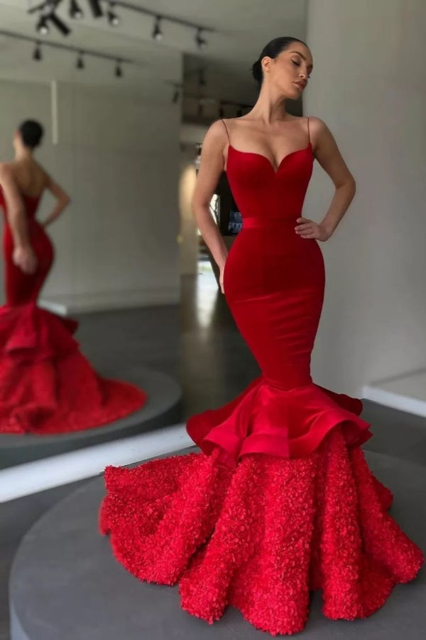 Red Spaghetti Straps Charming Mermaid Velvet Prom Dress ZT0198