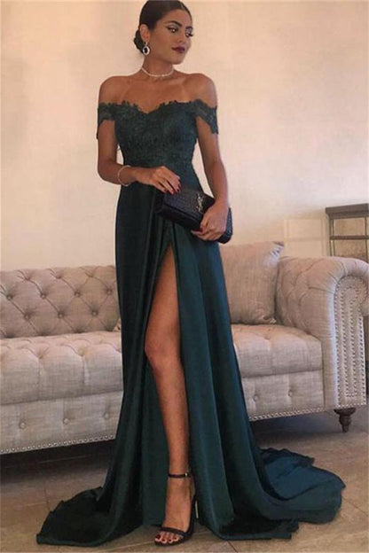 Dark Green Lace Prom Dress Off-the-Shoulder PD091