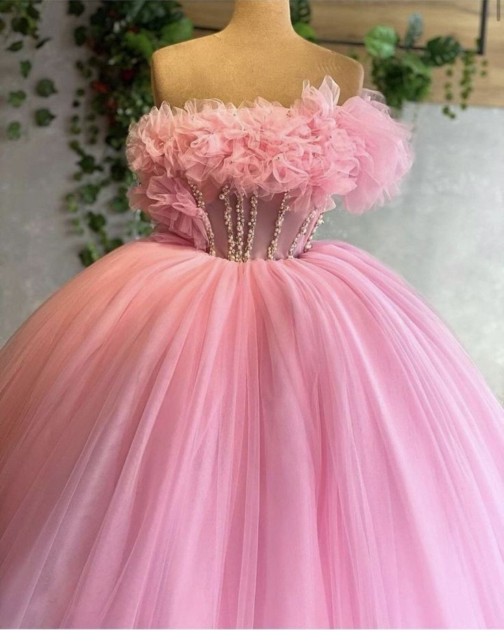 Pink Gorgeous One Shoulder Rhinestone Corset Ruffle Fluffy Tulle Long Ball Gown Evening Dress Wedding Dress gh3134