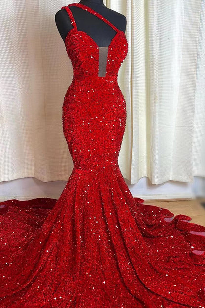 Red Sequins Mermaid Sleeveless Prom Dress Sweetheart Elegant ED0191