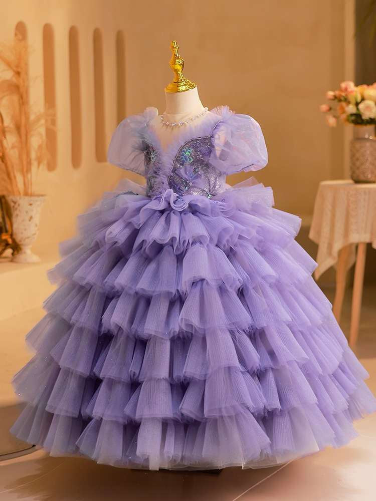 Ball Gown Short Sleeves Multi-Layered Tulle Girl Party Dresses with Appliques