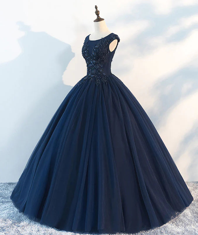 Navy Blue Sleeveless Prom Dress A-Line Lace Printed Evening Dress YH0033