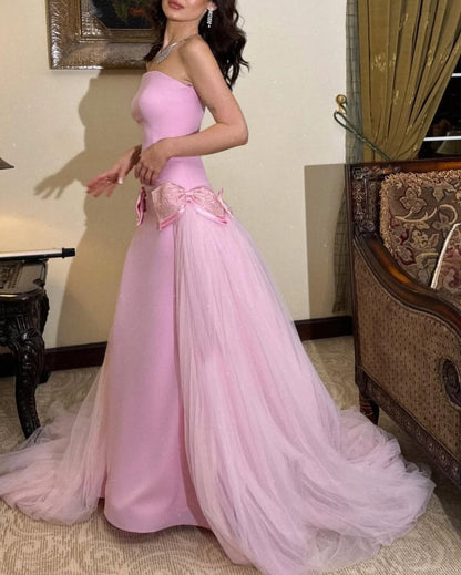 Sweet Pink Strapless Bow-Knot Long Prom Dress ZT0496