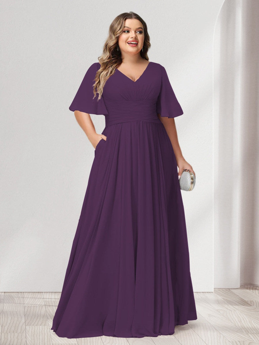 A-Line/Princess V-Neck Half Sleeves Chiffon Plus Size Bridesmaid Dresses with Pockets