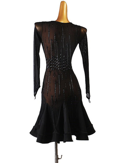 Latin Dance Dress Beading Crystals/Rhinestones Sequins Women‘s Performance Long Sleeve Chinlon Mesh