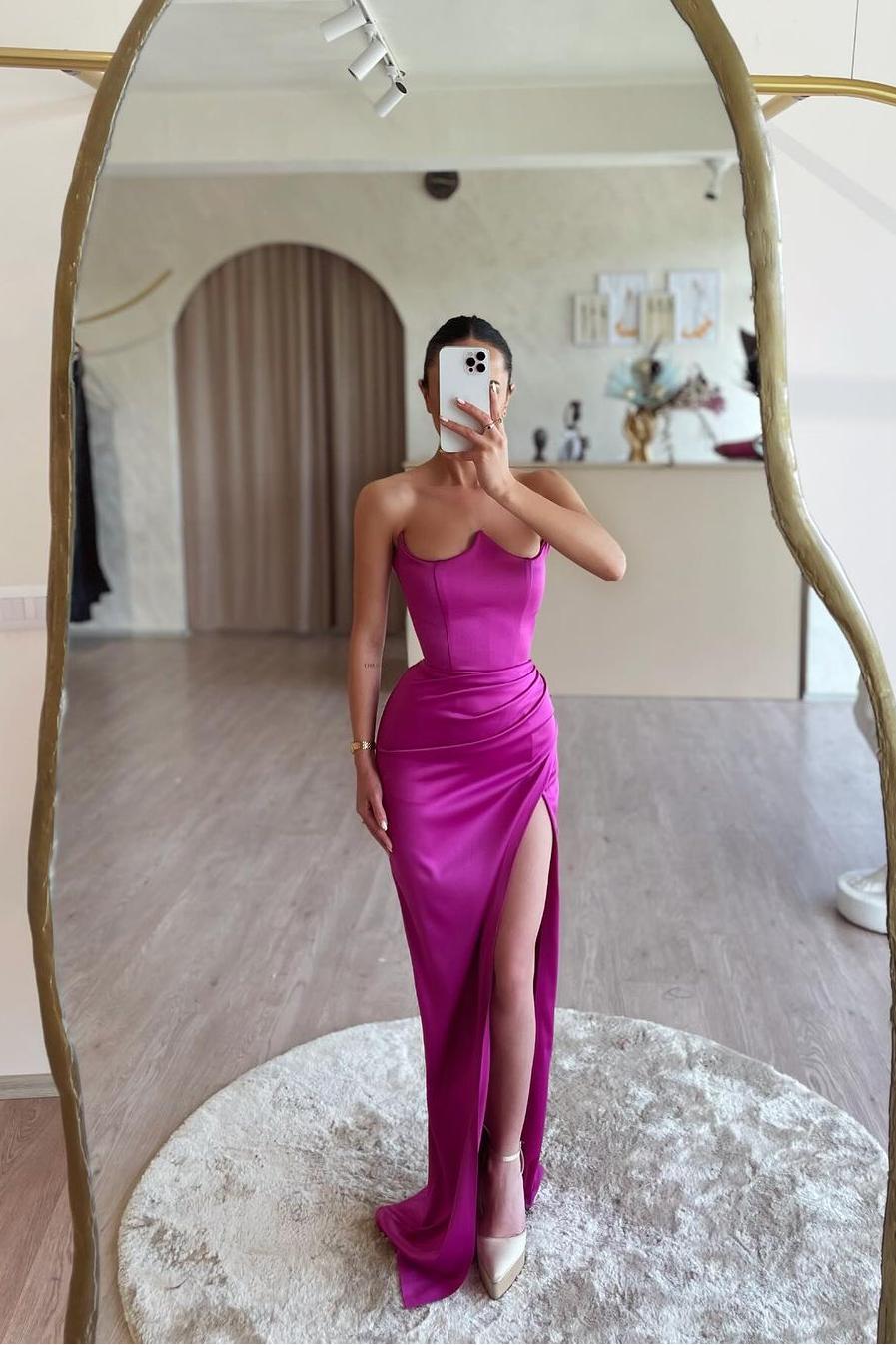 edgynewlook Shinning Purple Satin Sleeveless Strapless Long Pleated Prom Dress with Split