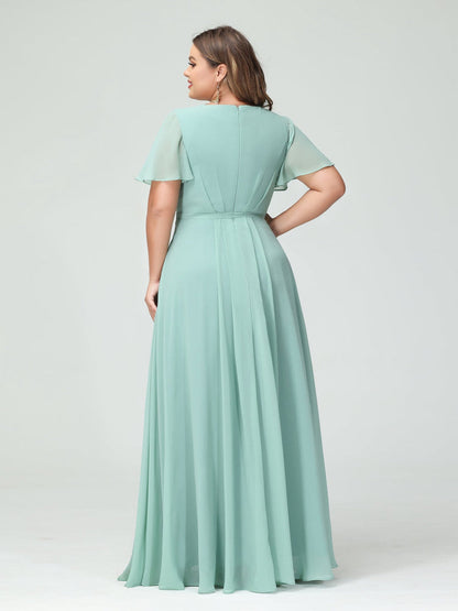 A-Line/Princess V-Neck Short Sleeves Plus Size Bridesmaid Dresses with Pockets Belt & Split Side