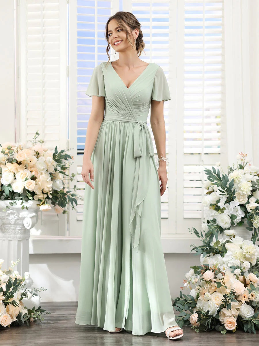 A-Line/Princess V-Neck Short Sleeves Floor-Length Chiffon Bridesmaid Dresses with Split Side & Ruched