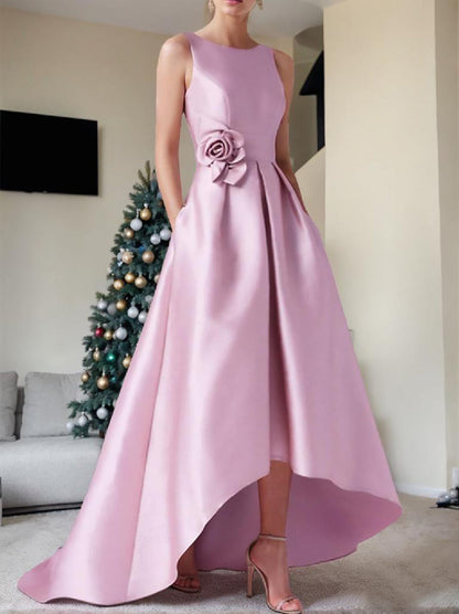 A-Line/Princess Boat Neck Sleeveless Floor-Length Prom Dresses with Pocket