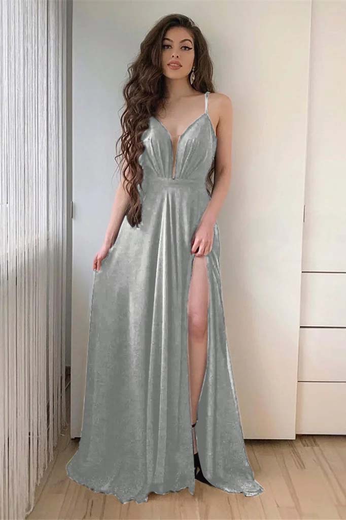 edgynewlook Black Spaghetti-Straps Long Prom Dress With Slit