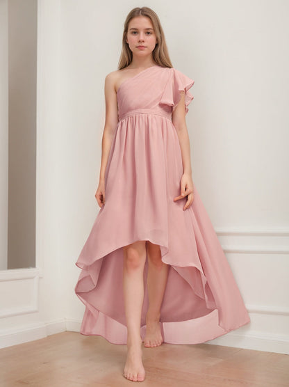 One-Shoulder Sleeveless High Low Junior Bridesmaid Dresses with Sash