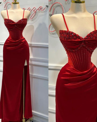 Fashion Red Spaghetti Strap Prom Dress Split Mermaid Dress LY0018