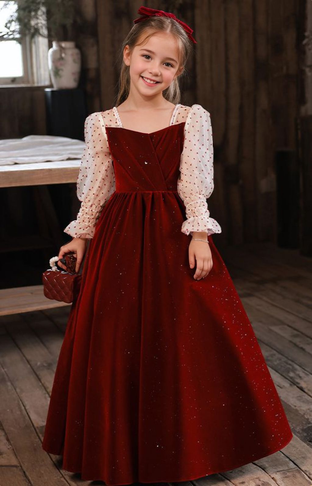 Square Neck Floor Length Princess Long Sleeves Flower Girl Dresses with Beading