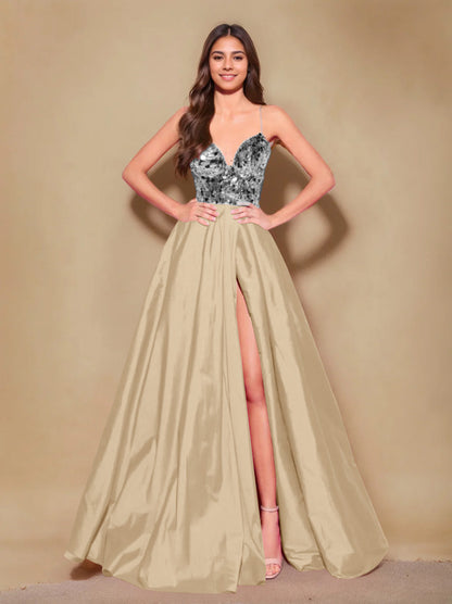 A-Line/Princess Spaghetti Straps Sleeveless Floor-Length Long Prom Evening Dress with Pleating & Split Side