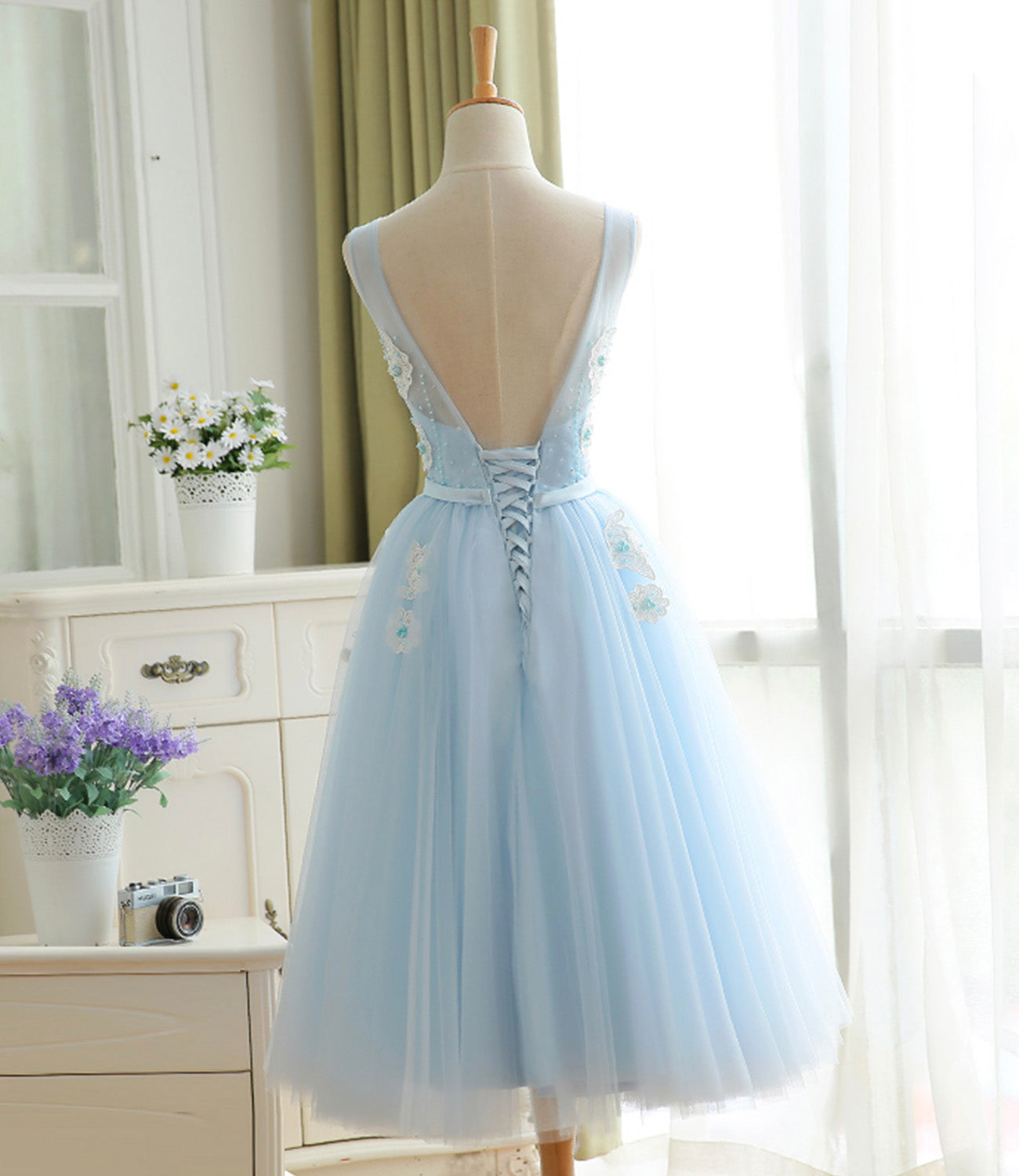 Blue tulle lace short prom dress A line homecoming dress  10577