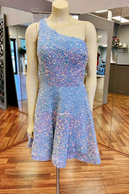 White Iridescent Sequin One-Shoulder A-Line Short Dress gh1290